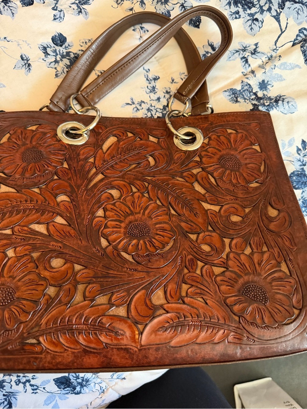 Hand-Tooled Floral Leather Tote Bag - Brown